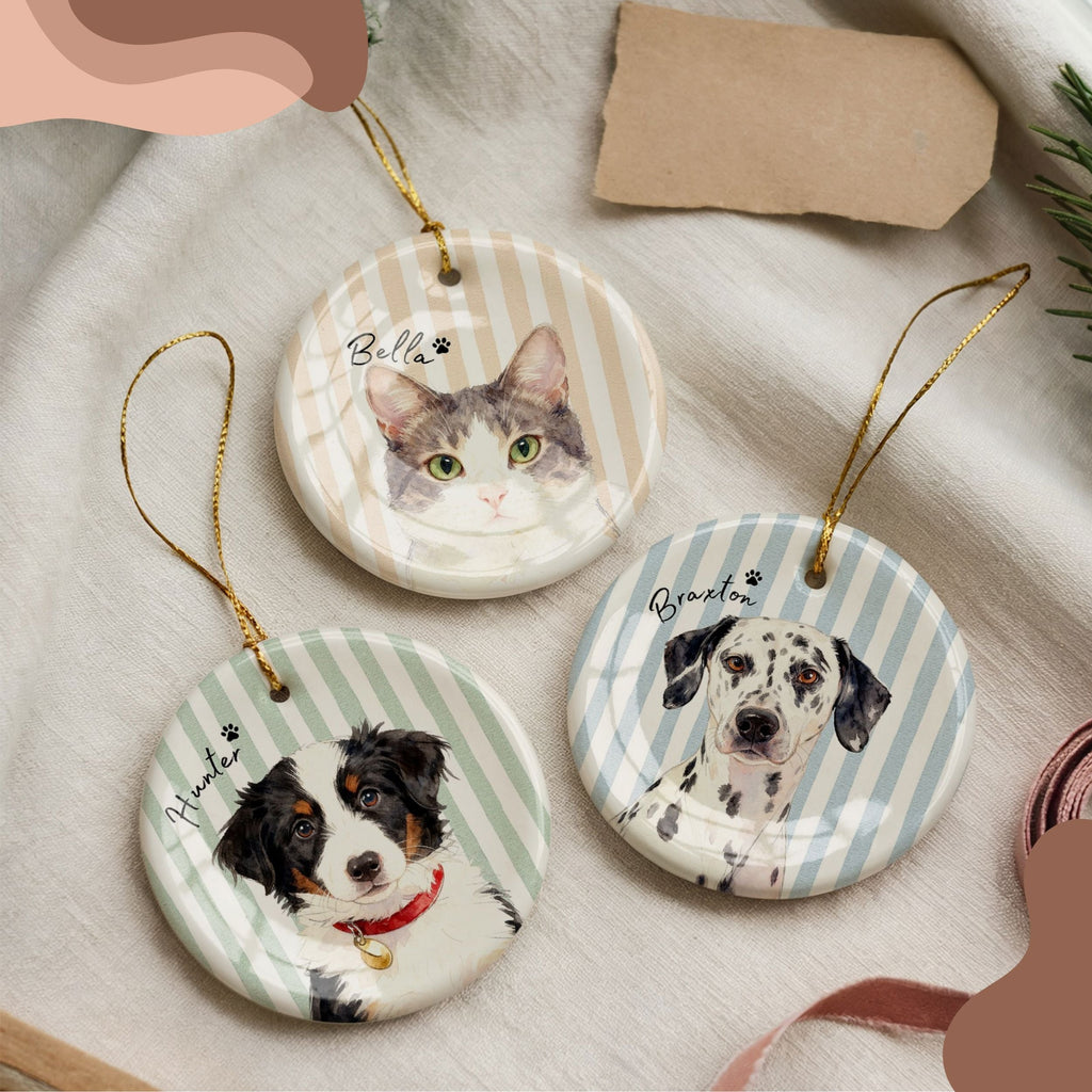 Custom Watercolor Striped Pet Ornament - Pet Photo + Name
