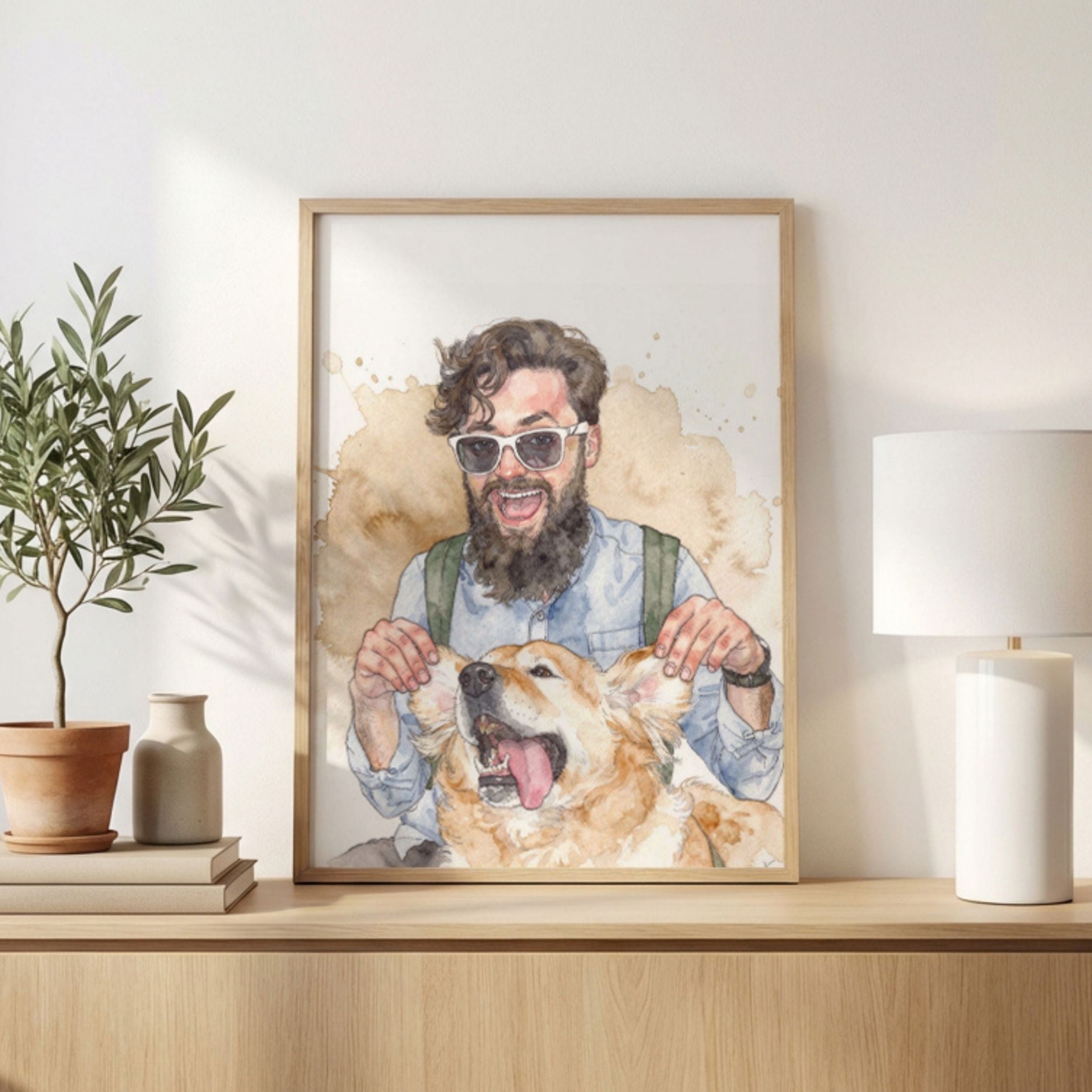 Custom Watercolor Father's Day Pet Portrait - Man + Pet Photo