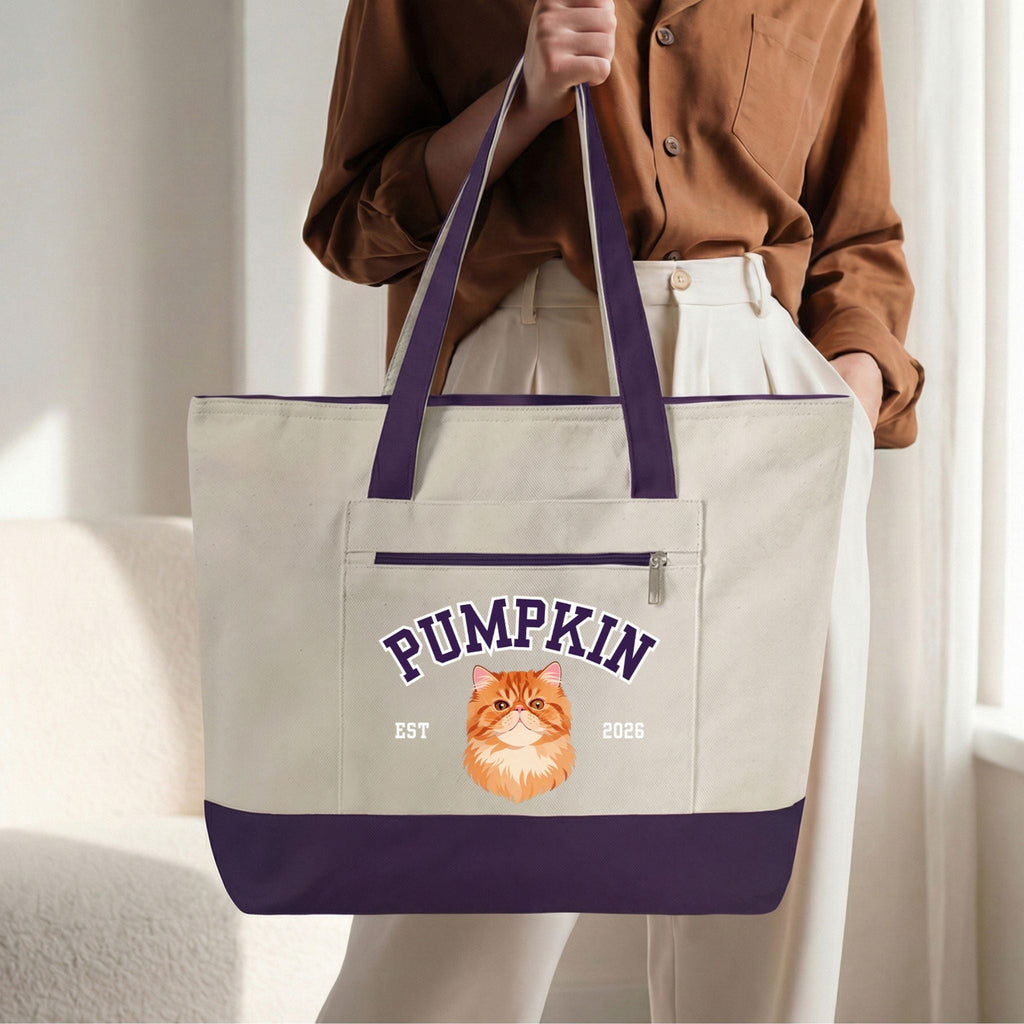 Custom Pet Zippered Varsity Tote Bag - Pet Photo + Name