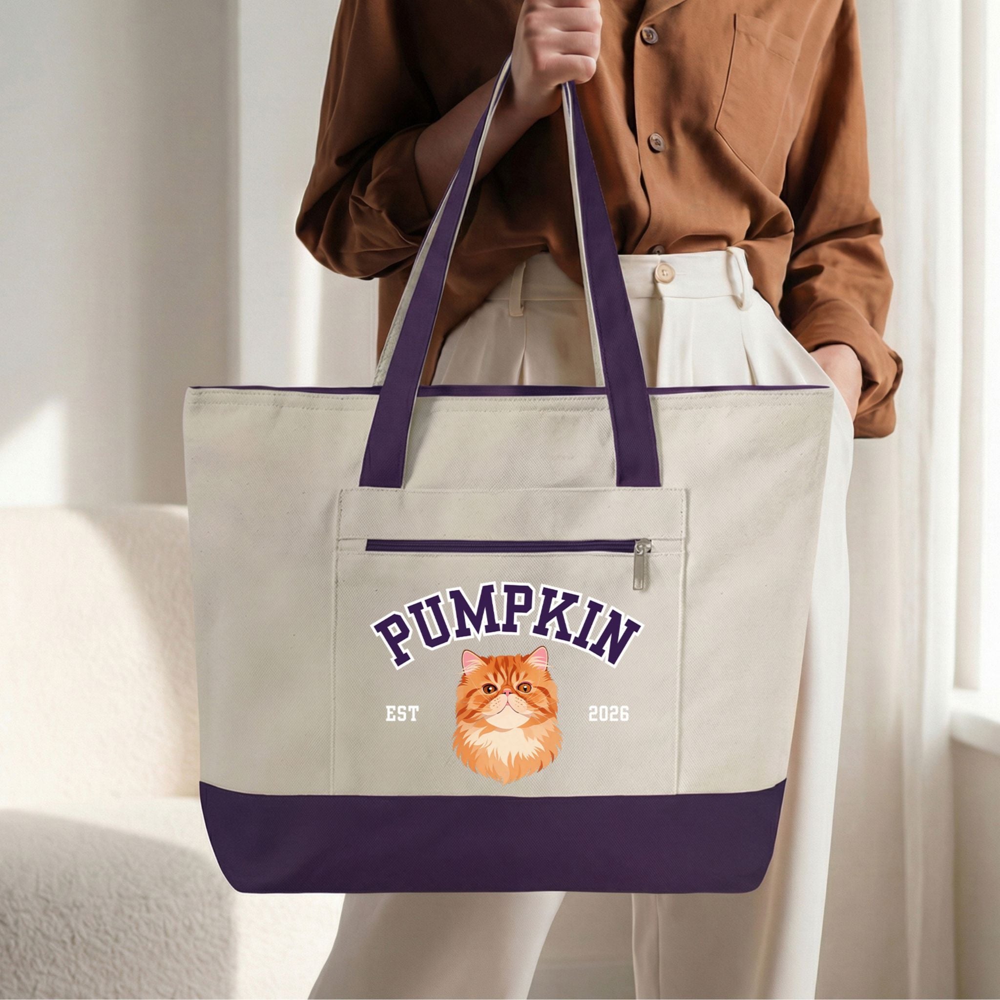 Custom Pet Zippered Varsity Tote Bag - Pet Photo + Name