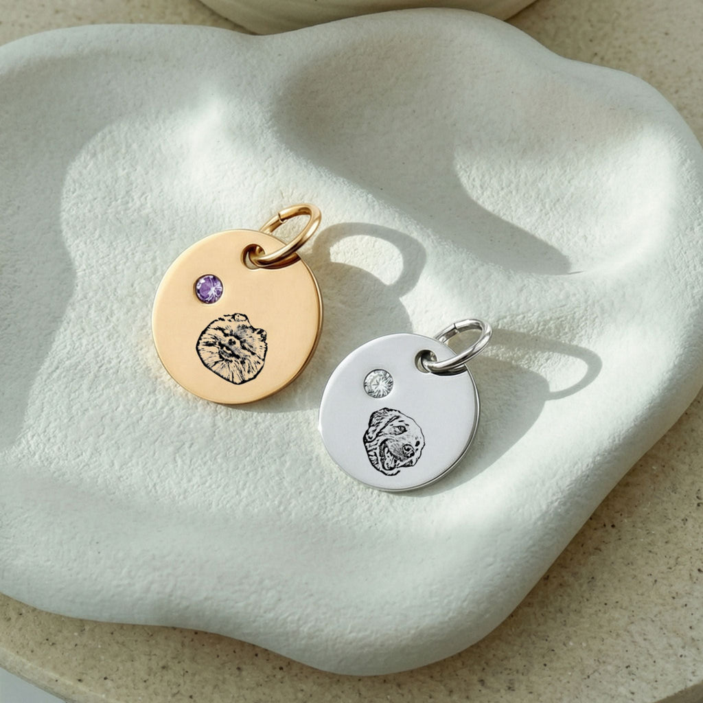 Custom Birthstone Circle Pet Charm Engraved Pendant - Pet Face