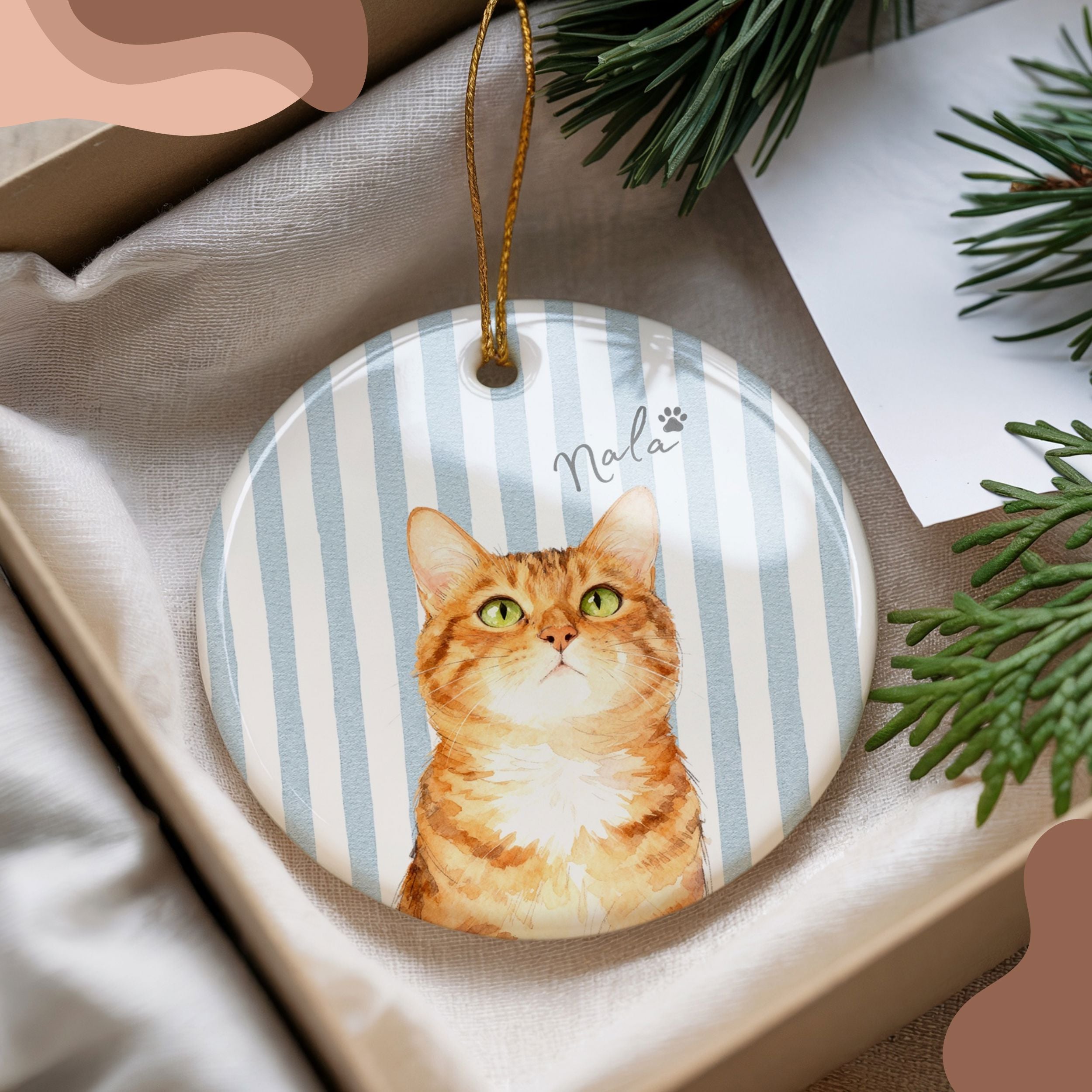 Custom Watercolor Striped Pet Ornament - Pet Photo + Name