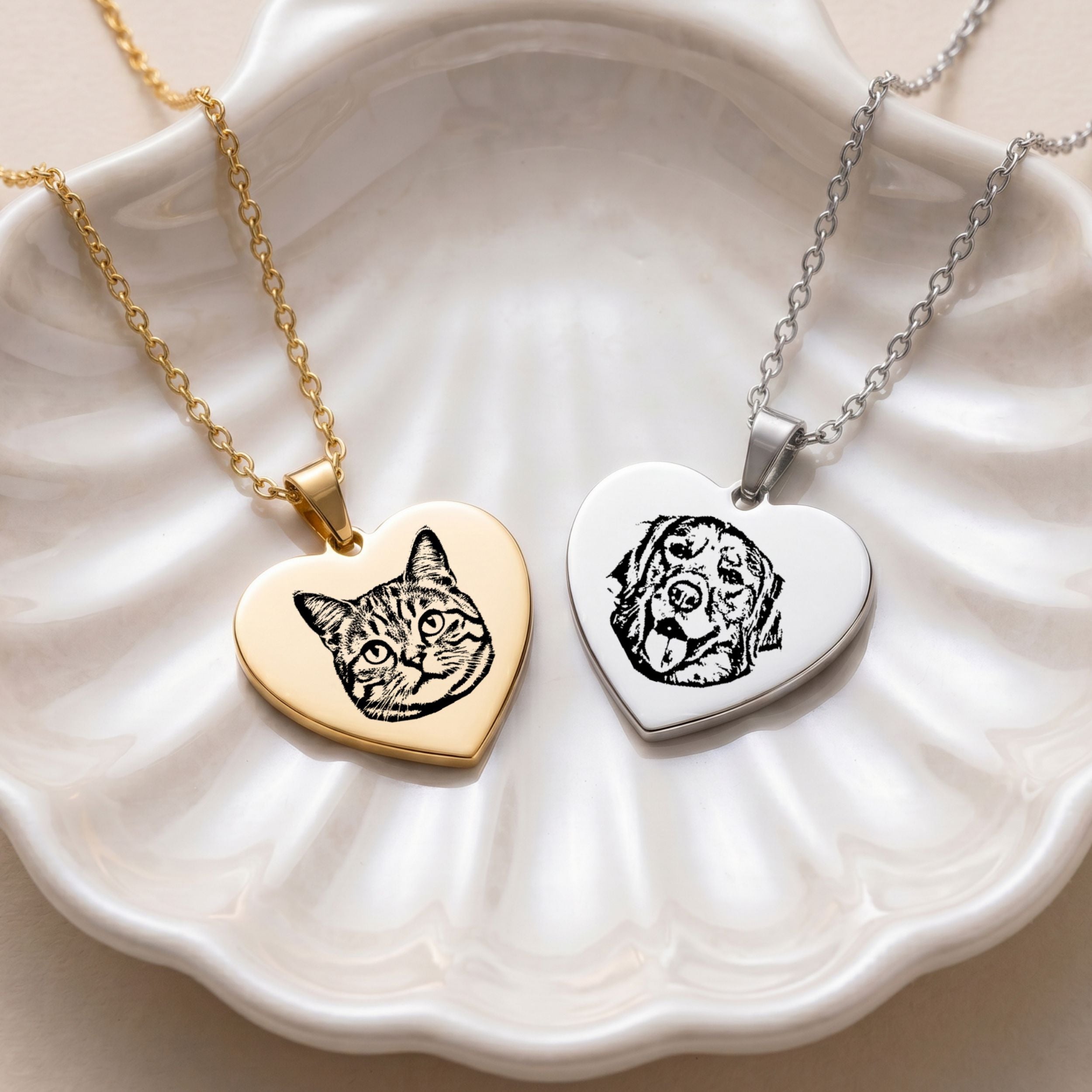 Custom Pet Engraved Sketch Heart Necklace - Pet Face