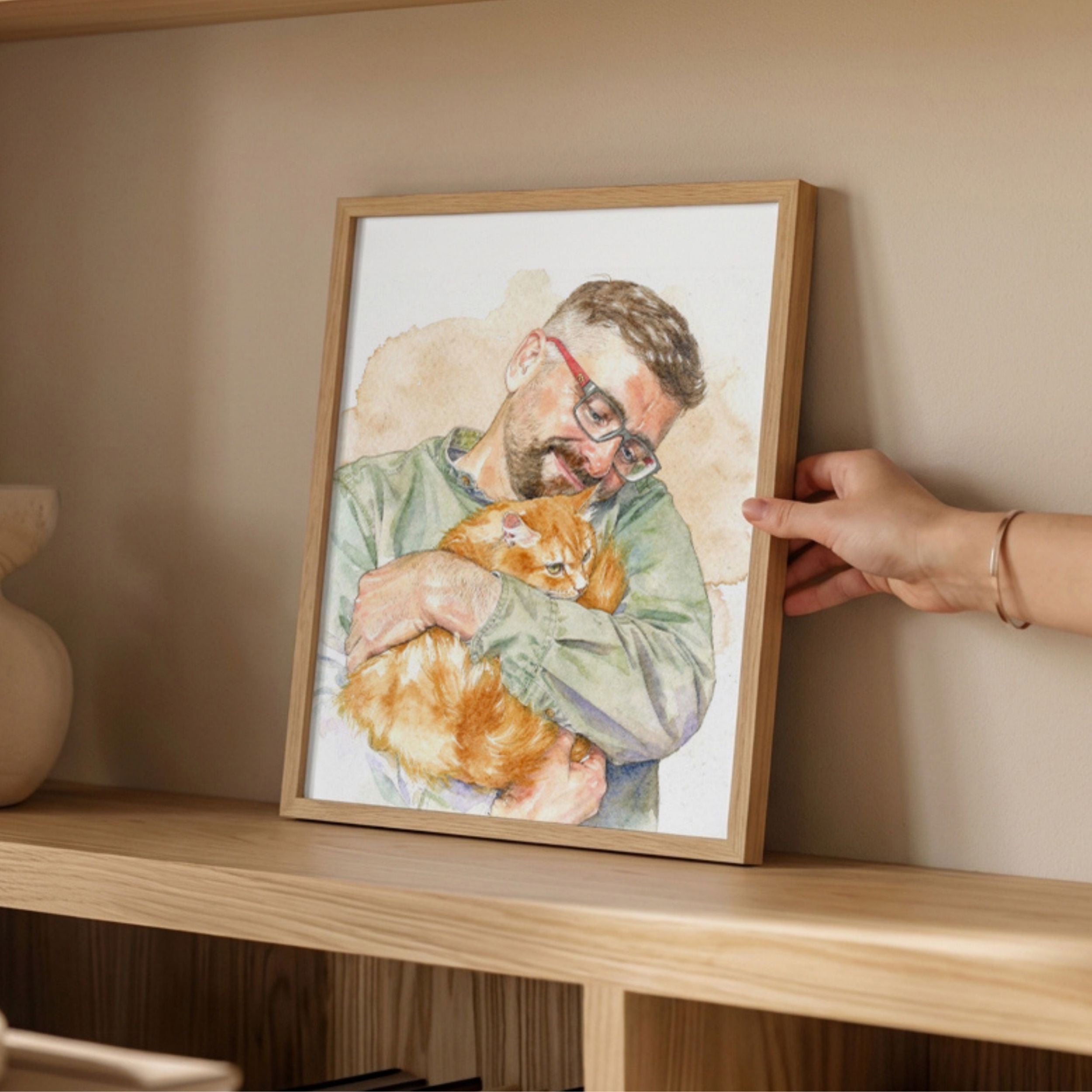 Custom Watercolor Father's Day Pet Portrait - Man + Pet Photo