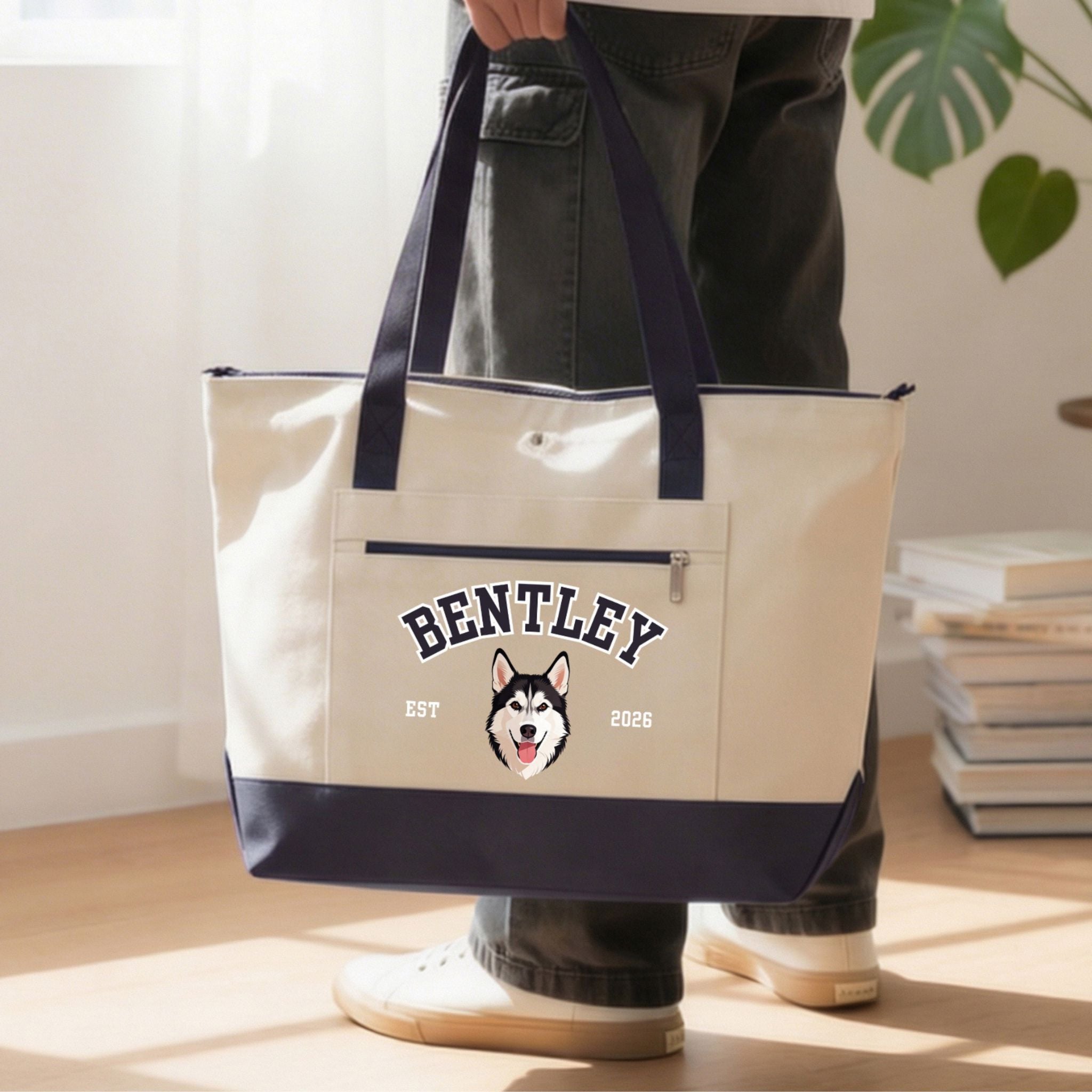 Custom Pet Zippered Varsity Tote Bag - Pet Photo + Name