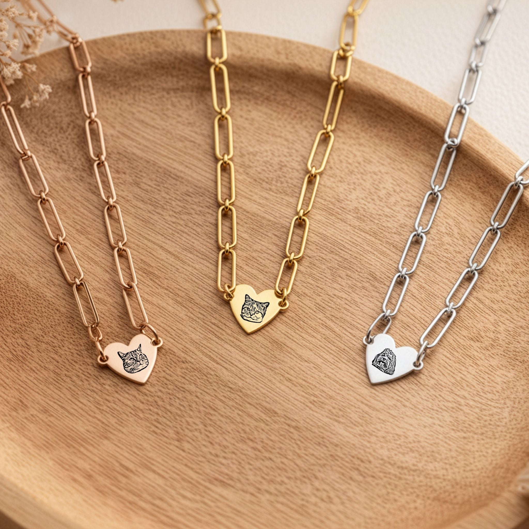 Custom Pet Paperclip Heart Engraved Necklace - Pet Face