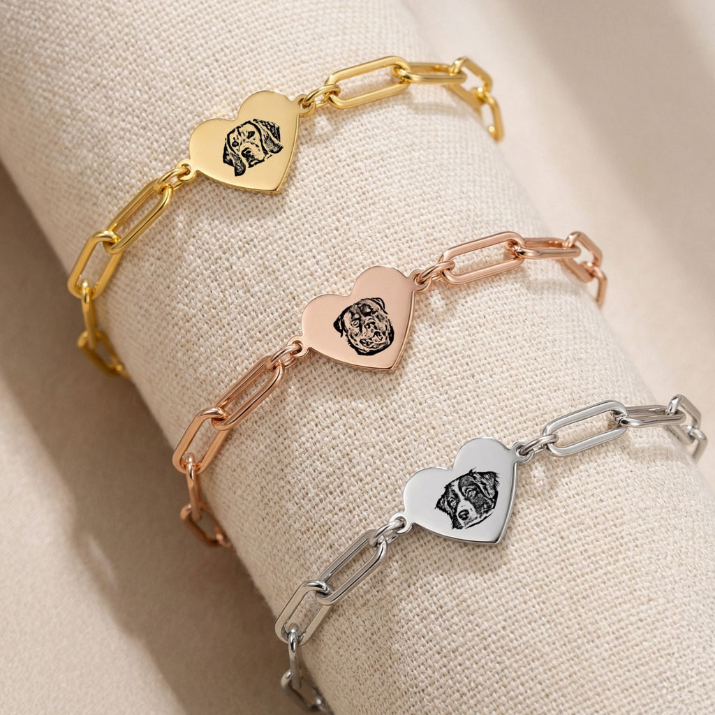Custom Pet Paperclip Heart Engraved Bracelet - Pet Face