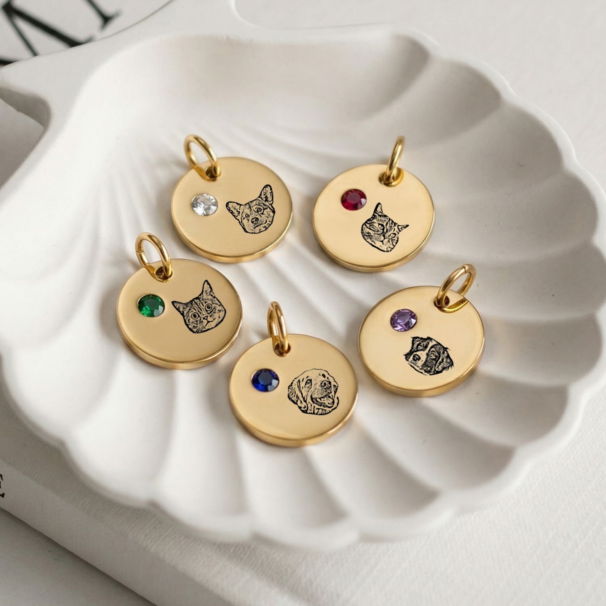 Custom Birthstone Circle Pet Charm Engraved Pendant - Pet Face