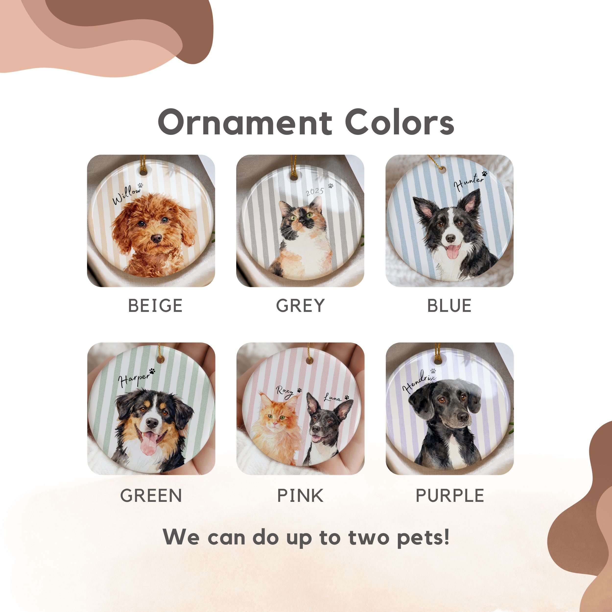 Custom Watercolor Striped Pet Ornament - Pet Photo + Name