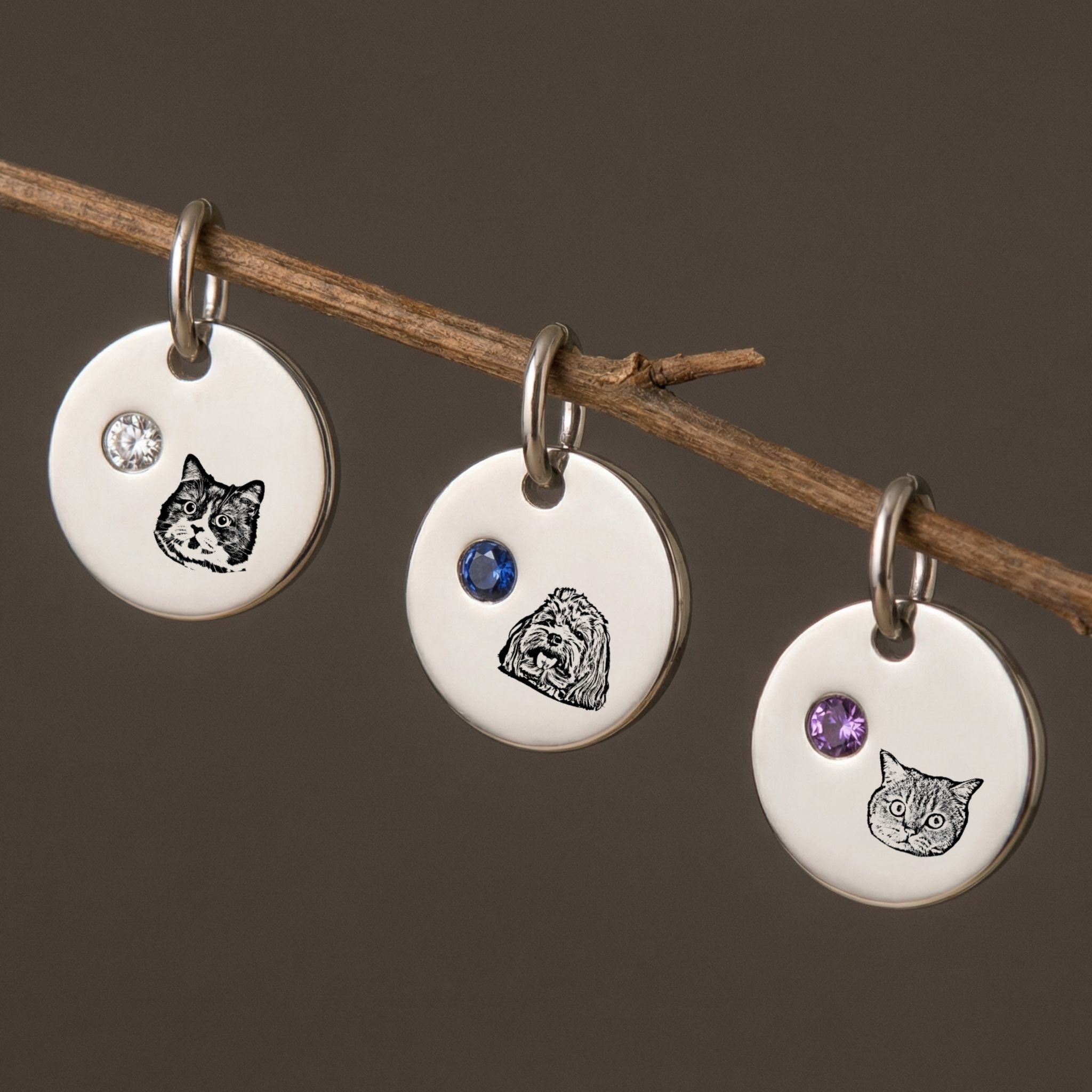 Custom Birthstone Circle Pet Charm Engraved Pendant - Pet Face
