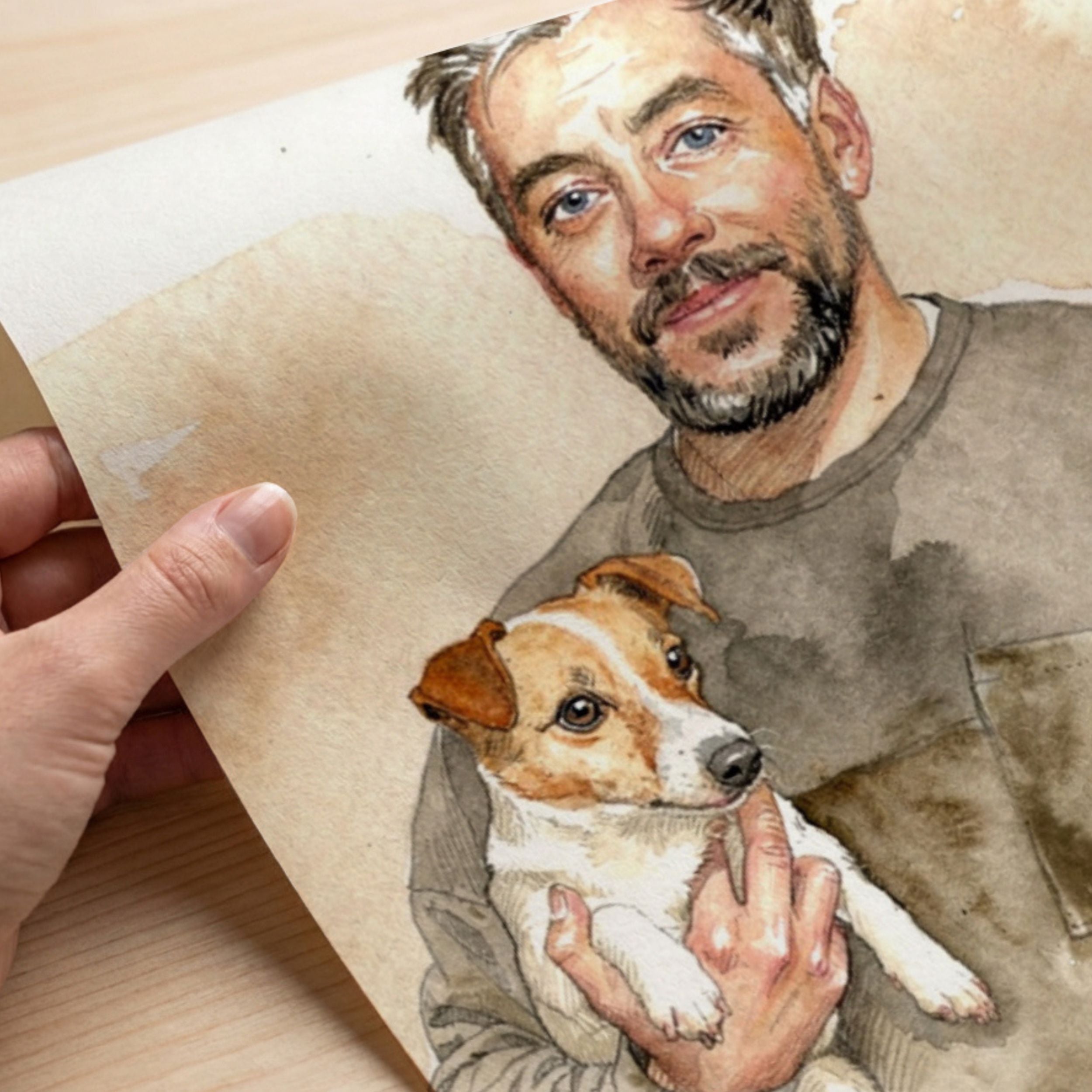 Custom Watercolor Father's Day Pet Portrait - Man + Pet Photo