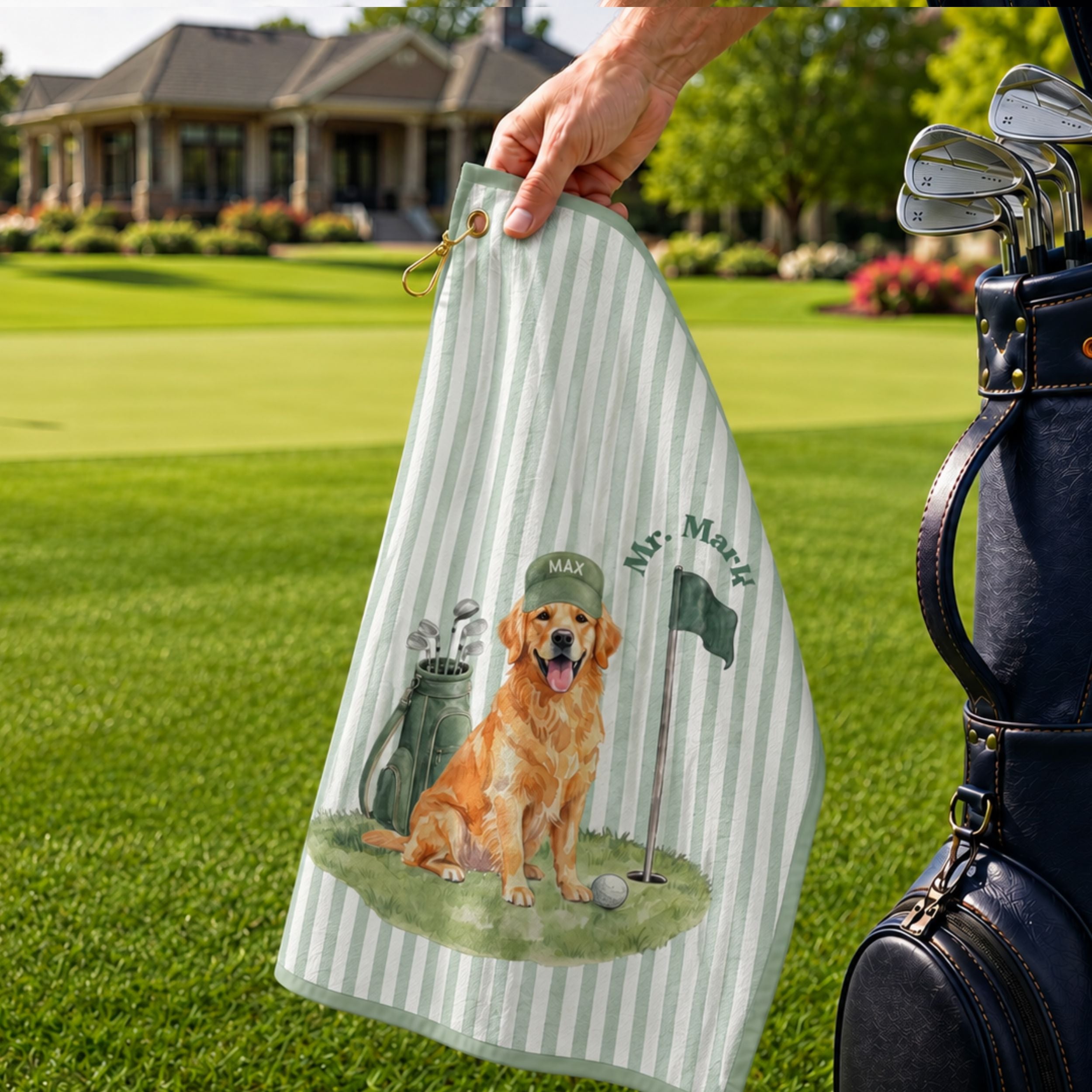 Custom Stripe Pet Golf Towel - Pet Photo + Name