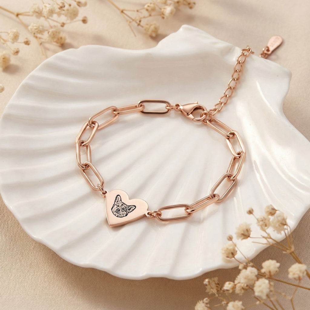 Custom Pet Paperclip Heart Engraved Bracelet - Pet Face