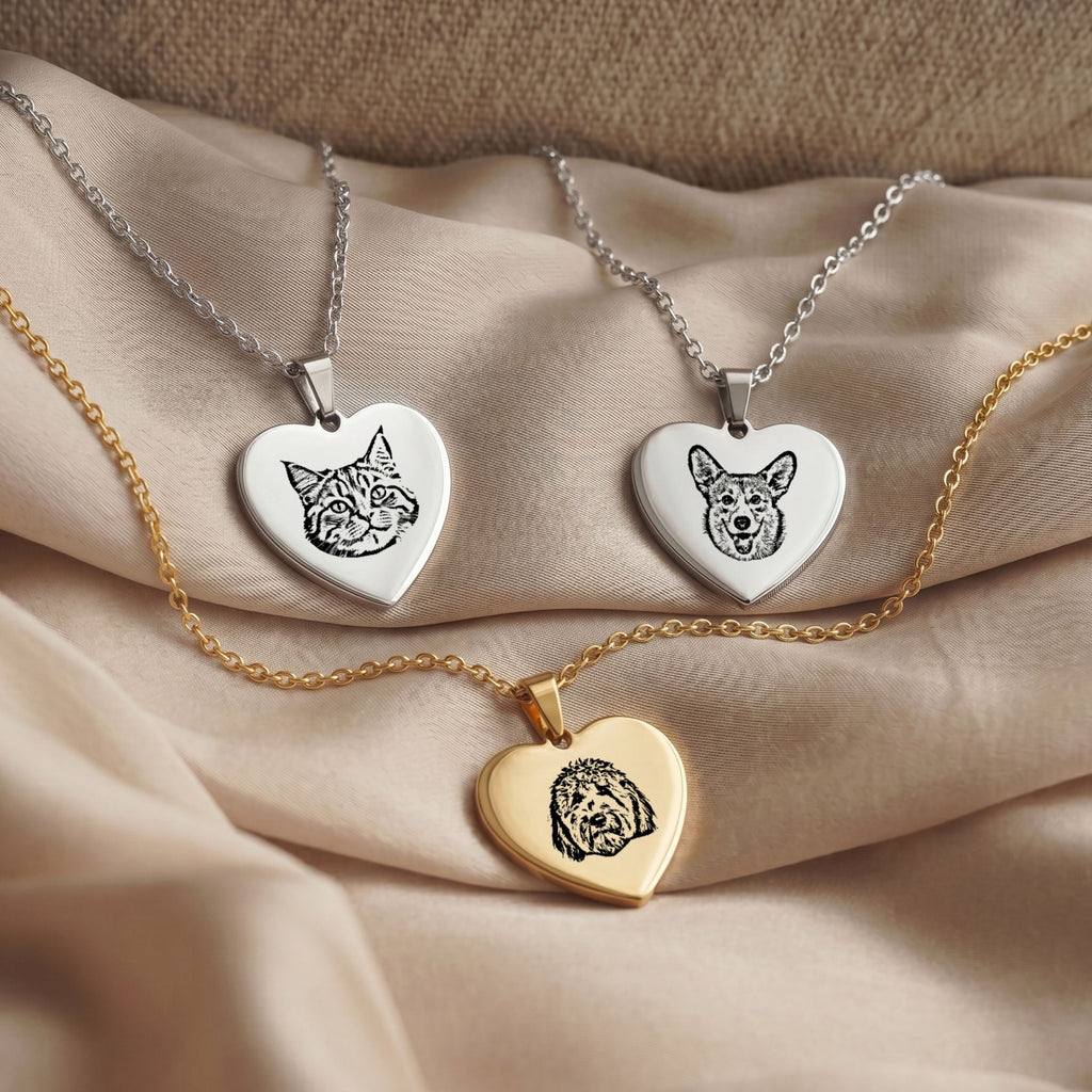 Custom Pet Engraved Sketch Heart Necklace - Pet Face