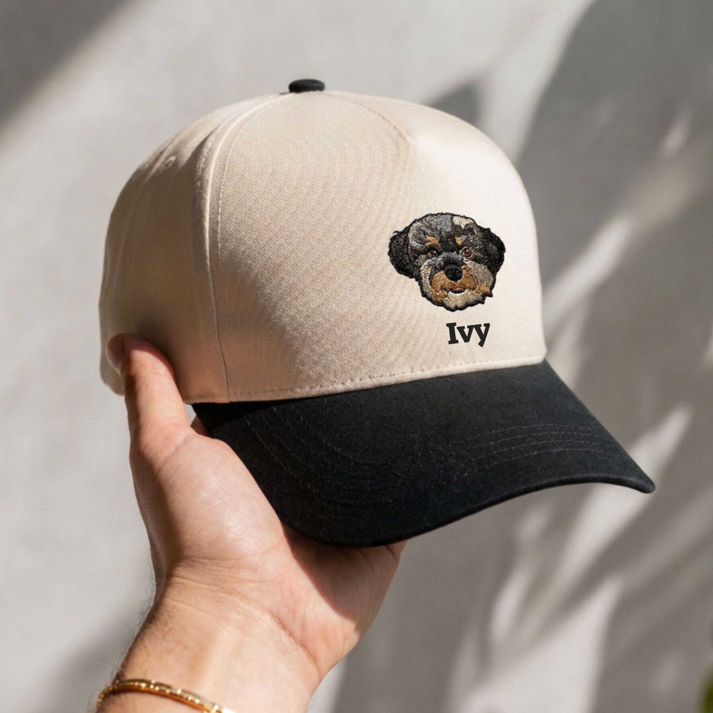 Custom Embroidered Pet Two-Tone 5 Panel Cap Using Pet Photo + Name