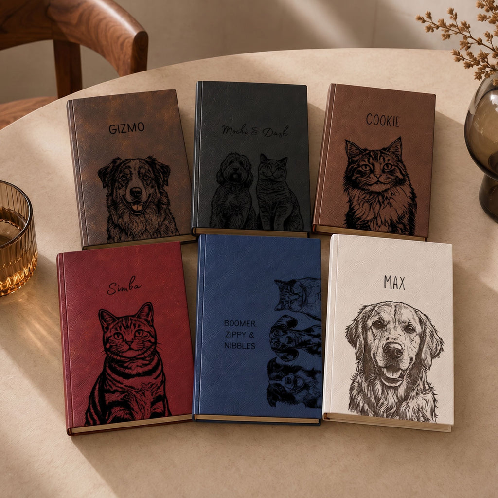 Custom Pet Engraved Vegan Leather Journal with Pet Photo + Name