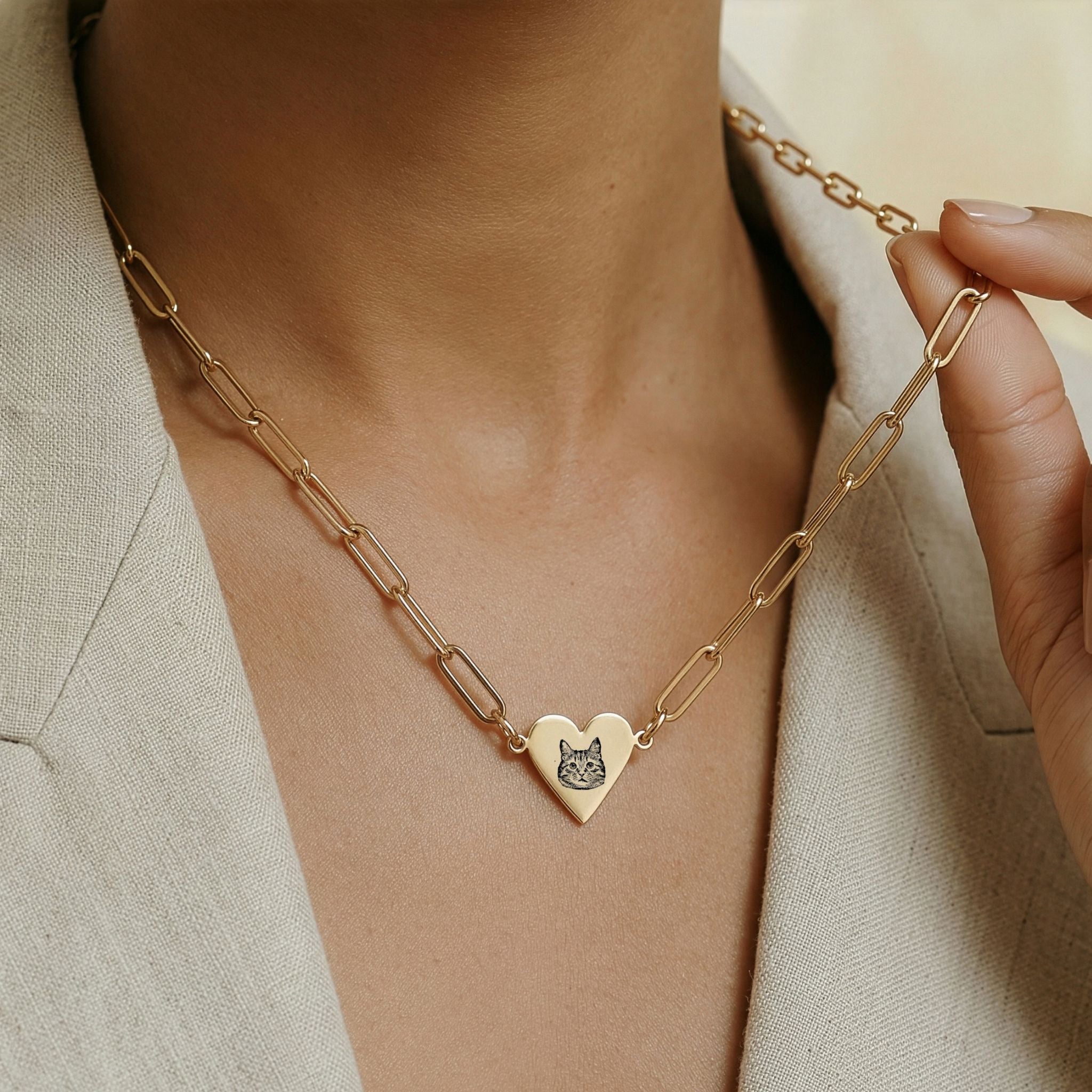 Custom Pet Paperclip Heart Engraved Necklace - Pet Face