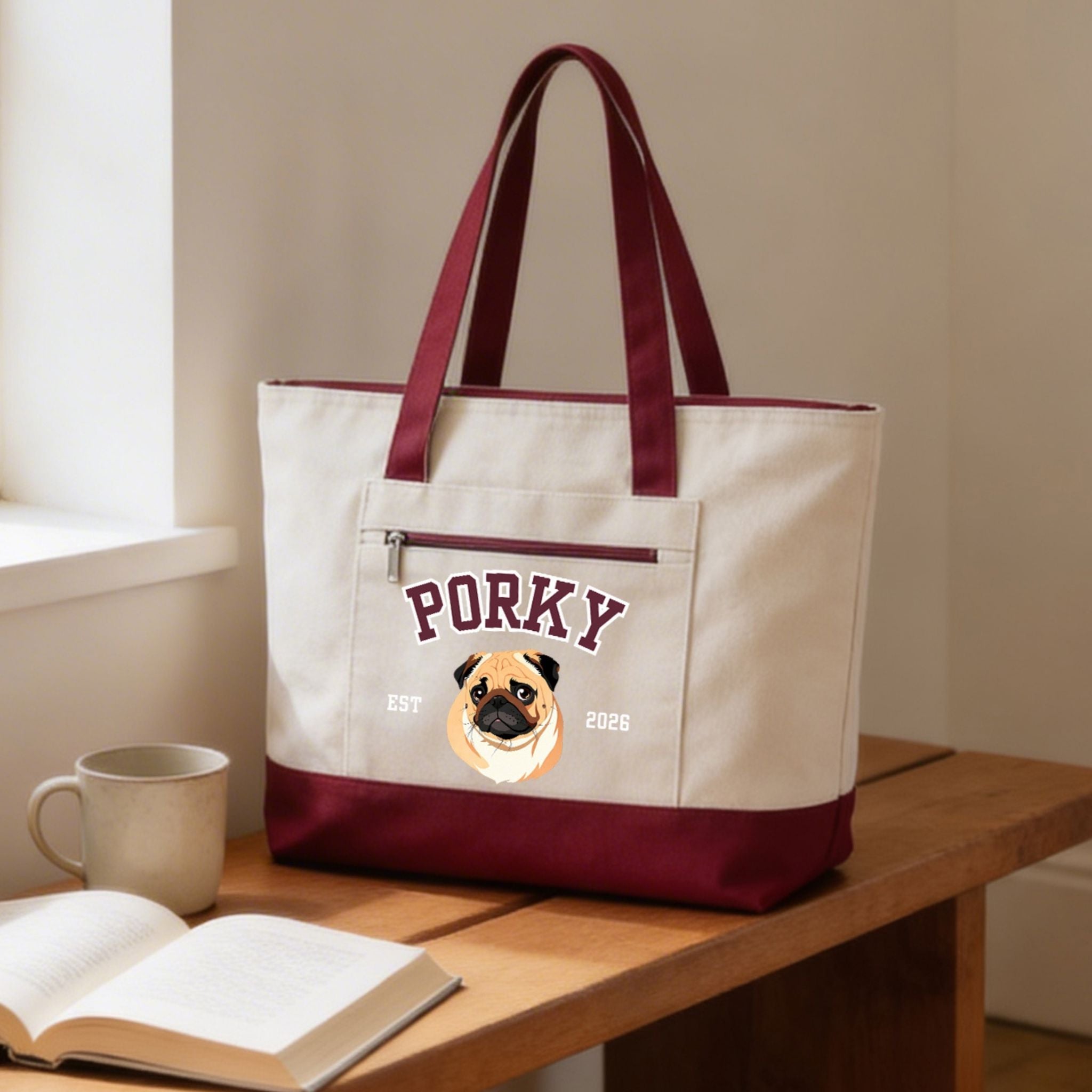 Custom Pet Zippered Varsity Tote Bag - Pet Photo + Name
