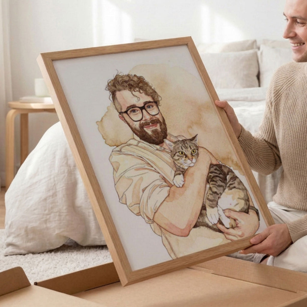 Custom Watercolor Father's Day Pet Portrait - Man + Pet Photo