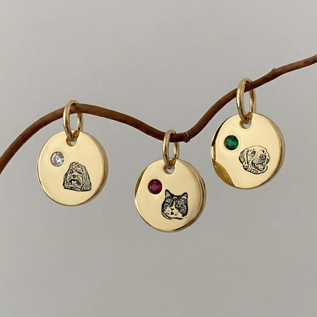 Custom Birthstone Circle Pet Charm Engraved Pendant - Pet Face