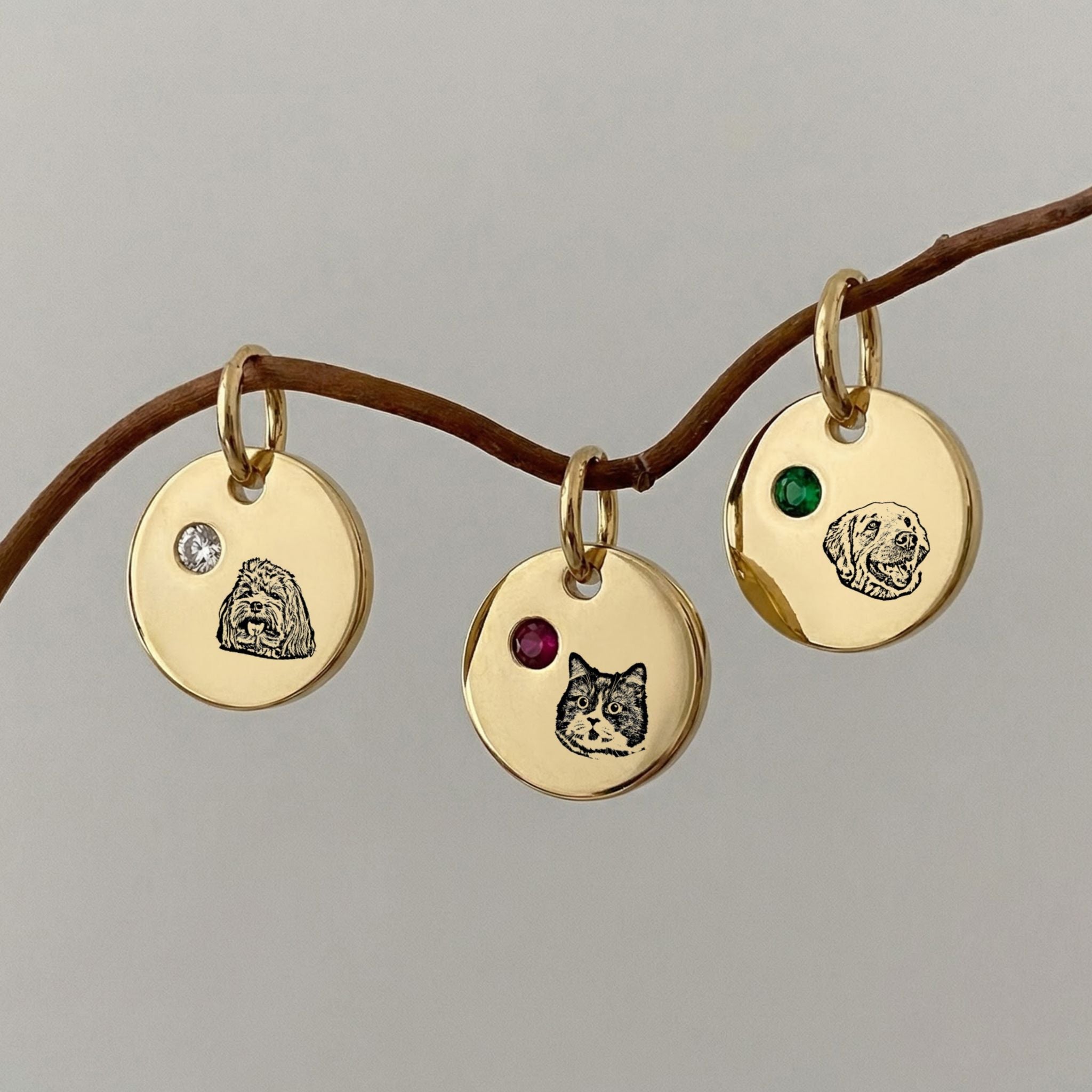 Custom Birthstone Circle Pet Charm Engraved Pendant - Pet Face