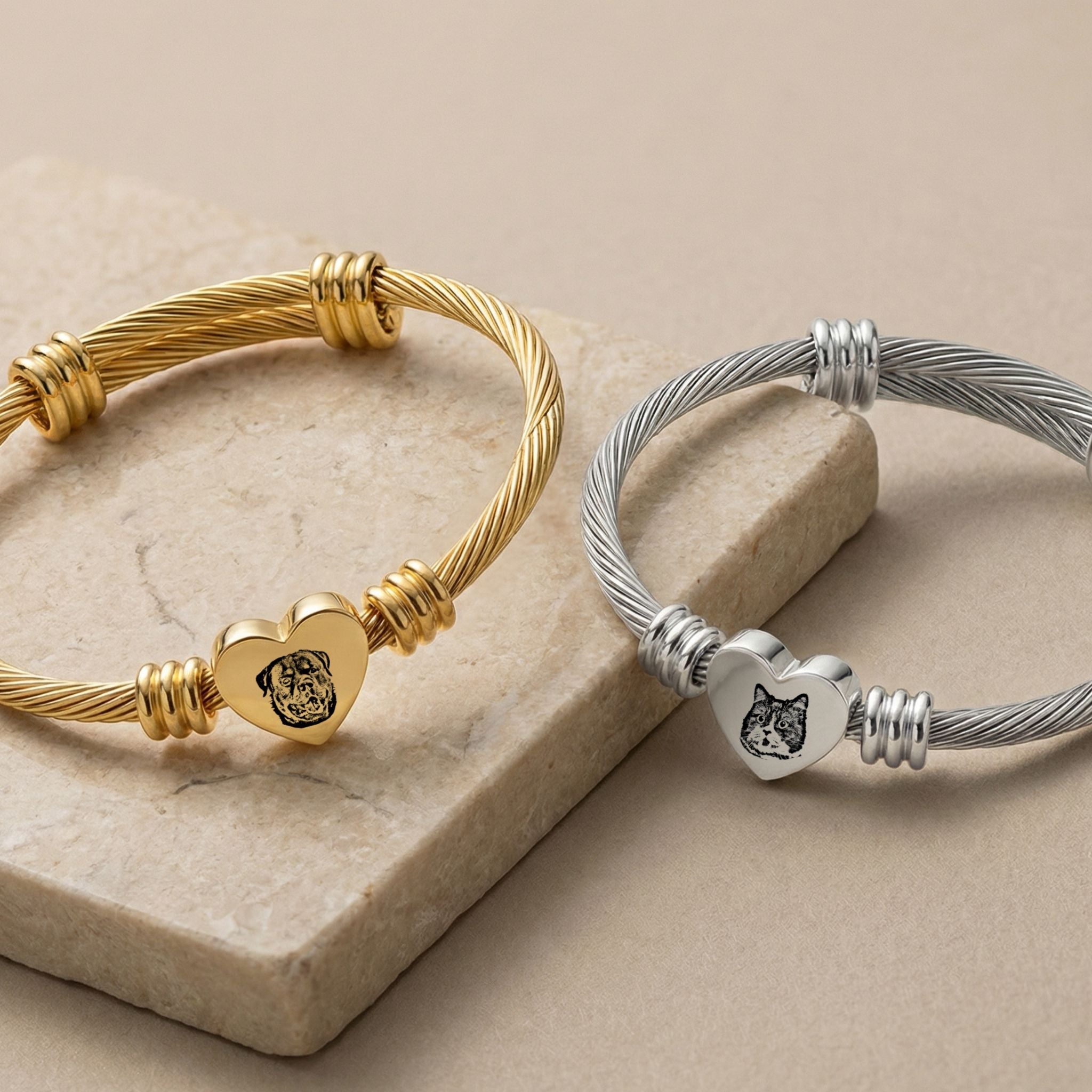 Custom Pet Heart Cuff Engraved Bracelet - Pet Face