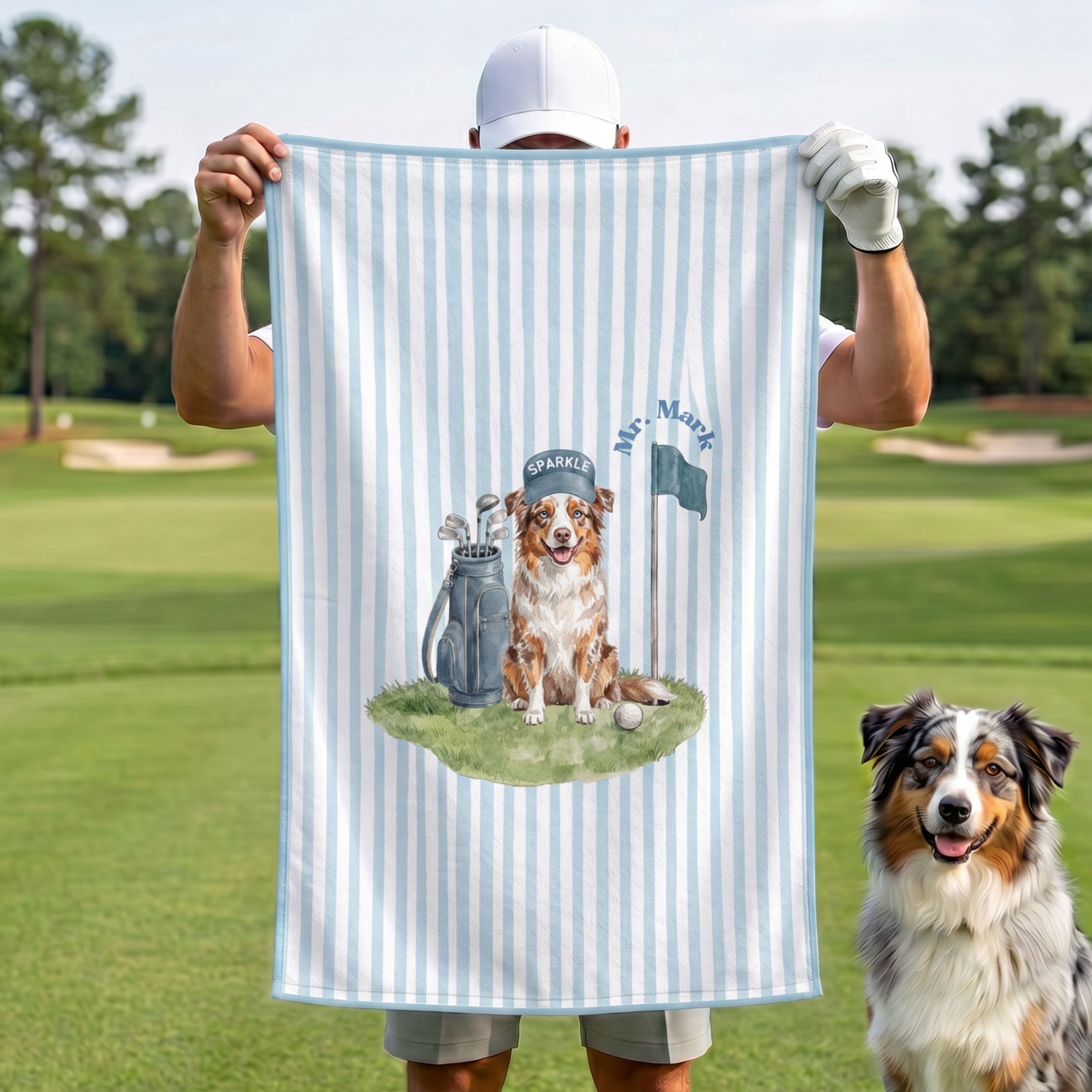 Custom Stripe Pet Golf Towel - Pet Photo + Name