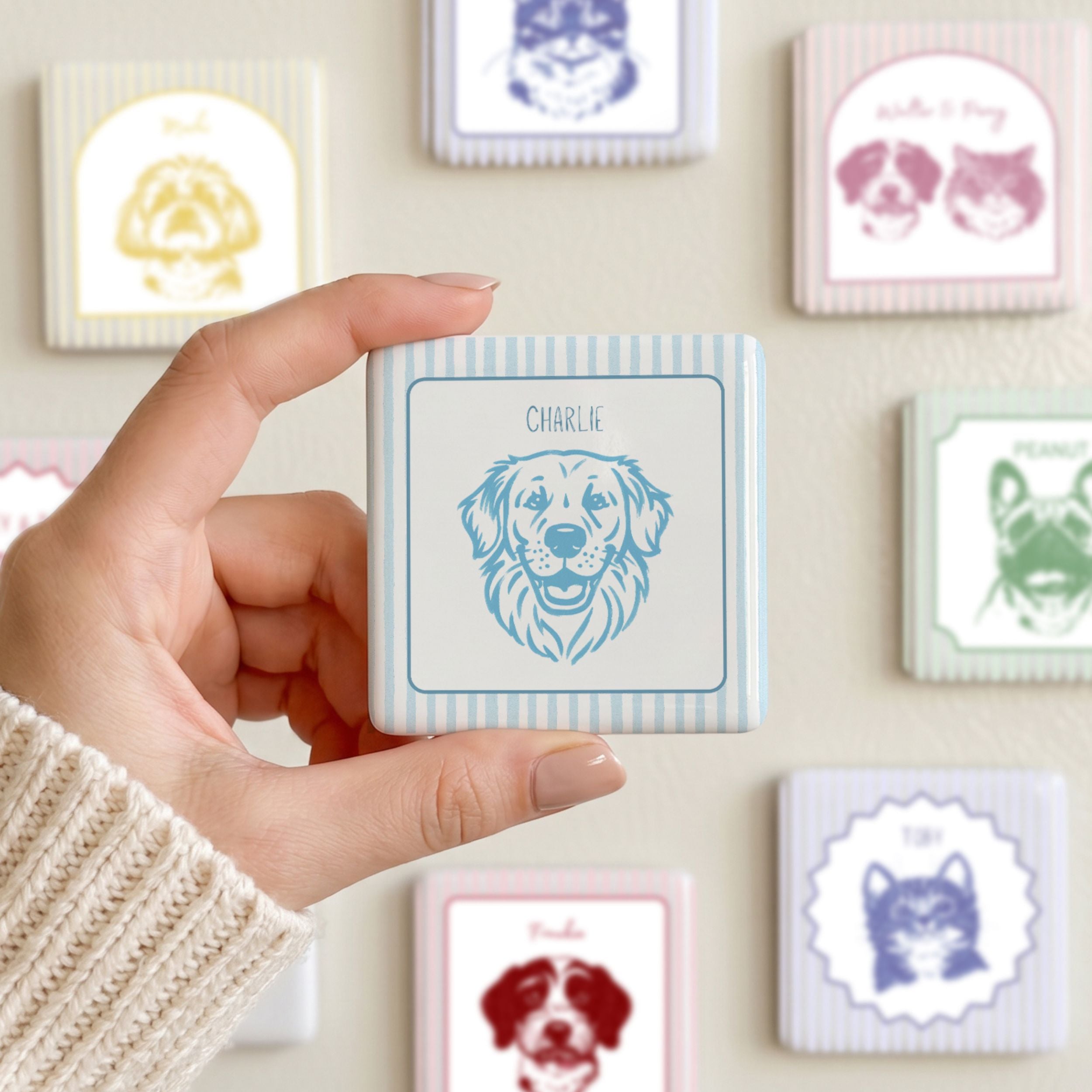 Custom Pet Photo Stripe Porcelain Magnet - Photo + Name