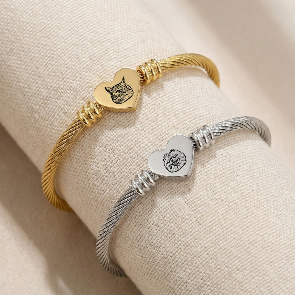 Custom Pet Heart Cuff Engraved Bracelet - Pet Face