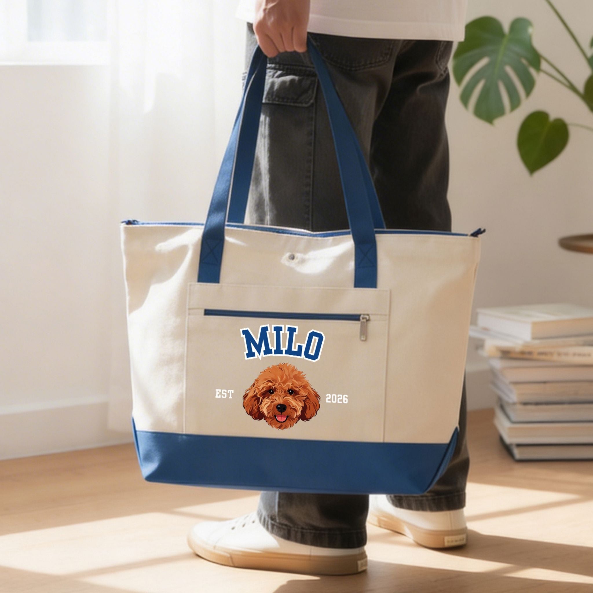 Custom Pet Zippered Varsity Tote Bag - Pet Photo + Name