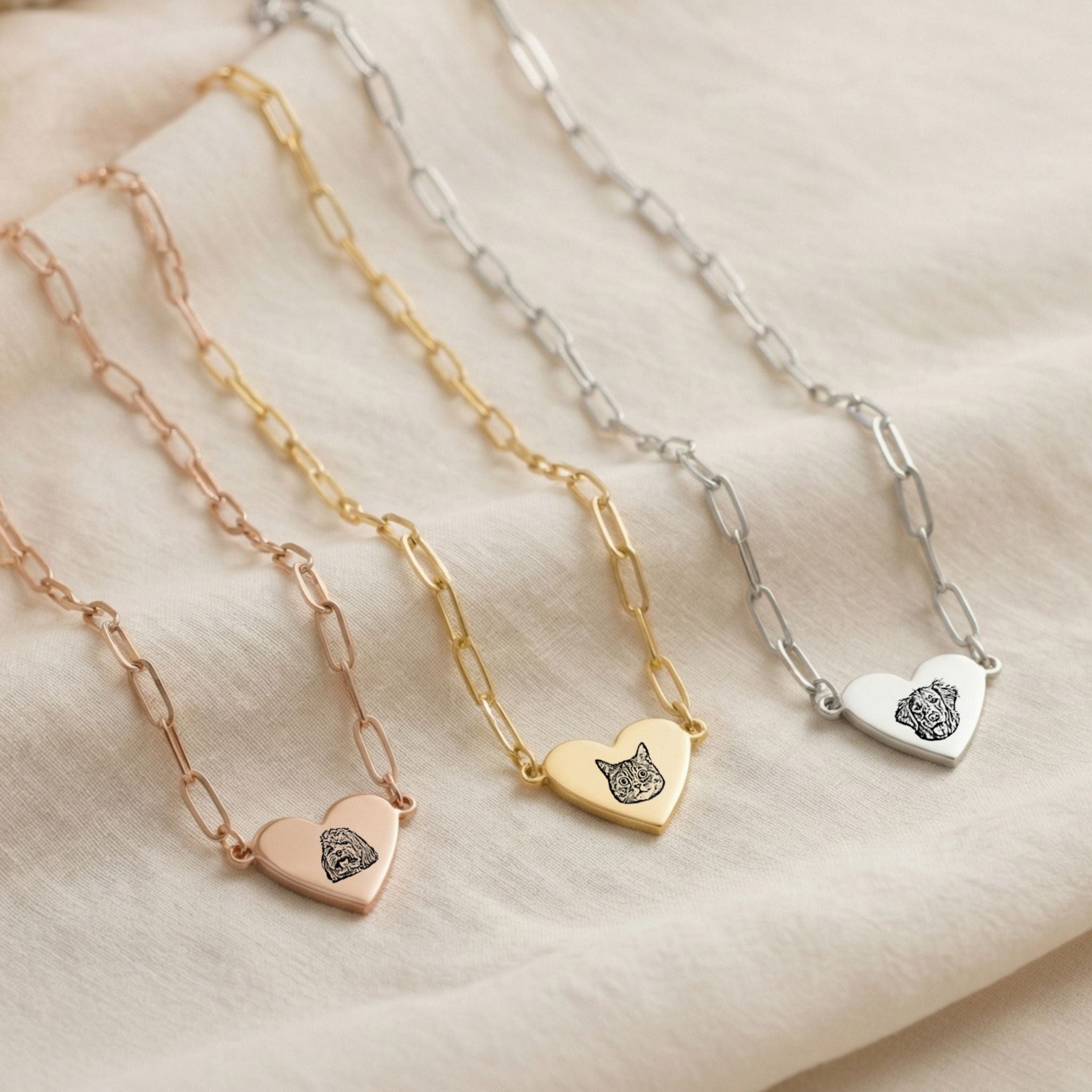 Custom Pet Paperclip Heart Engraved Necklace - Pet Face
