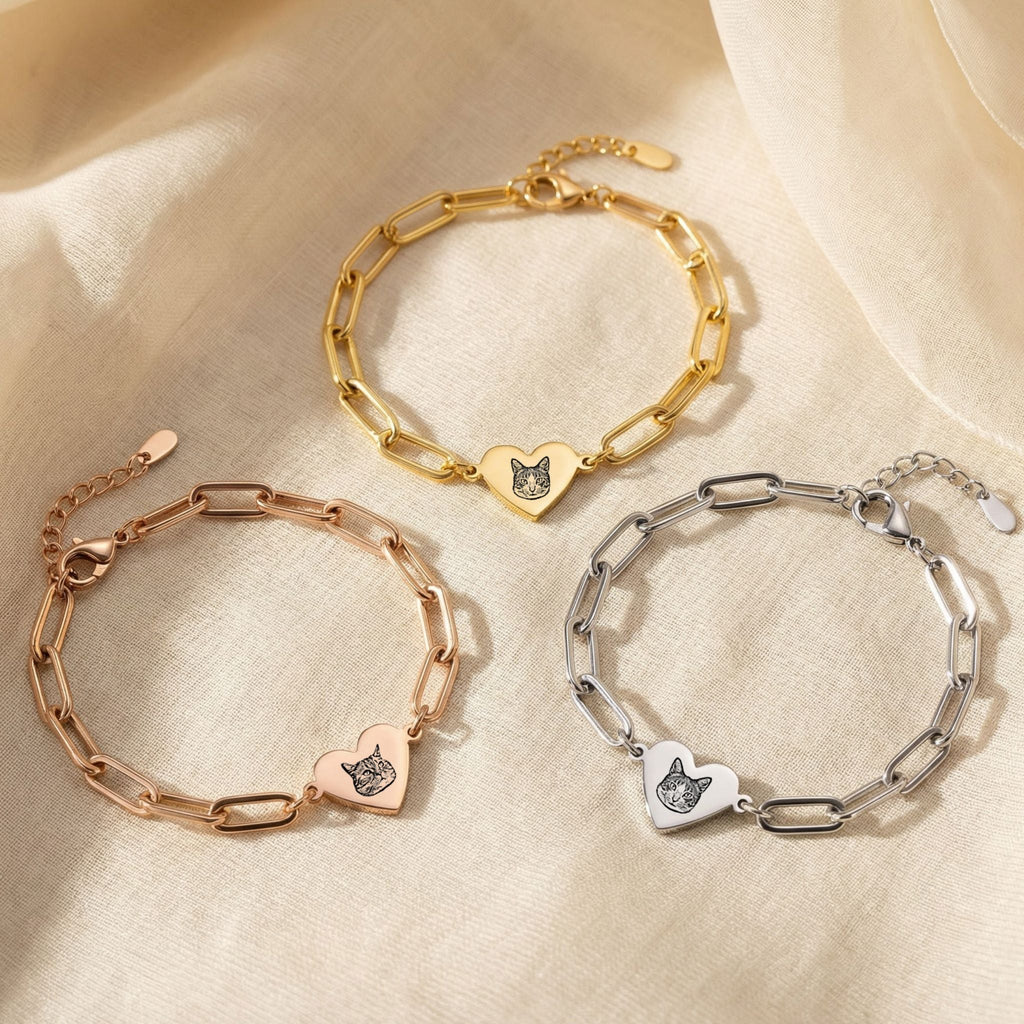 Custom Pet Paperclip Heart Engraved Bracelet - Pet Face