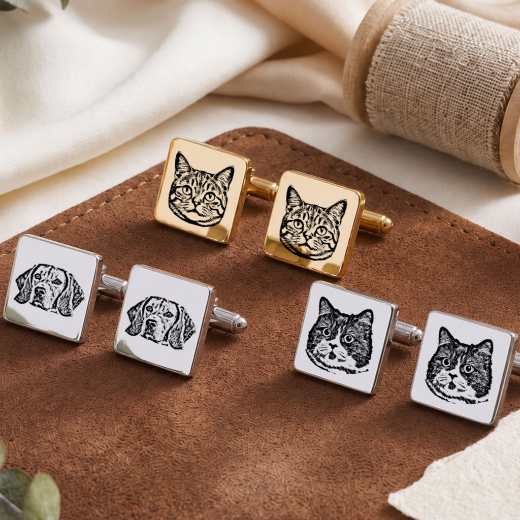 Custom Pet Photo Engraved Sketch Cufflinks Using Photo - Pet Face
