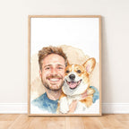 Custom Watercolor Father's Day Pet Portrait - Man + Pet Photo