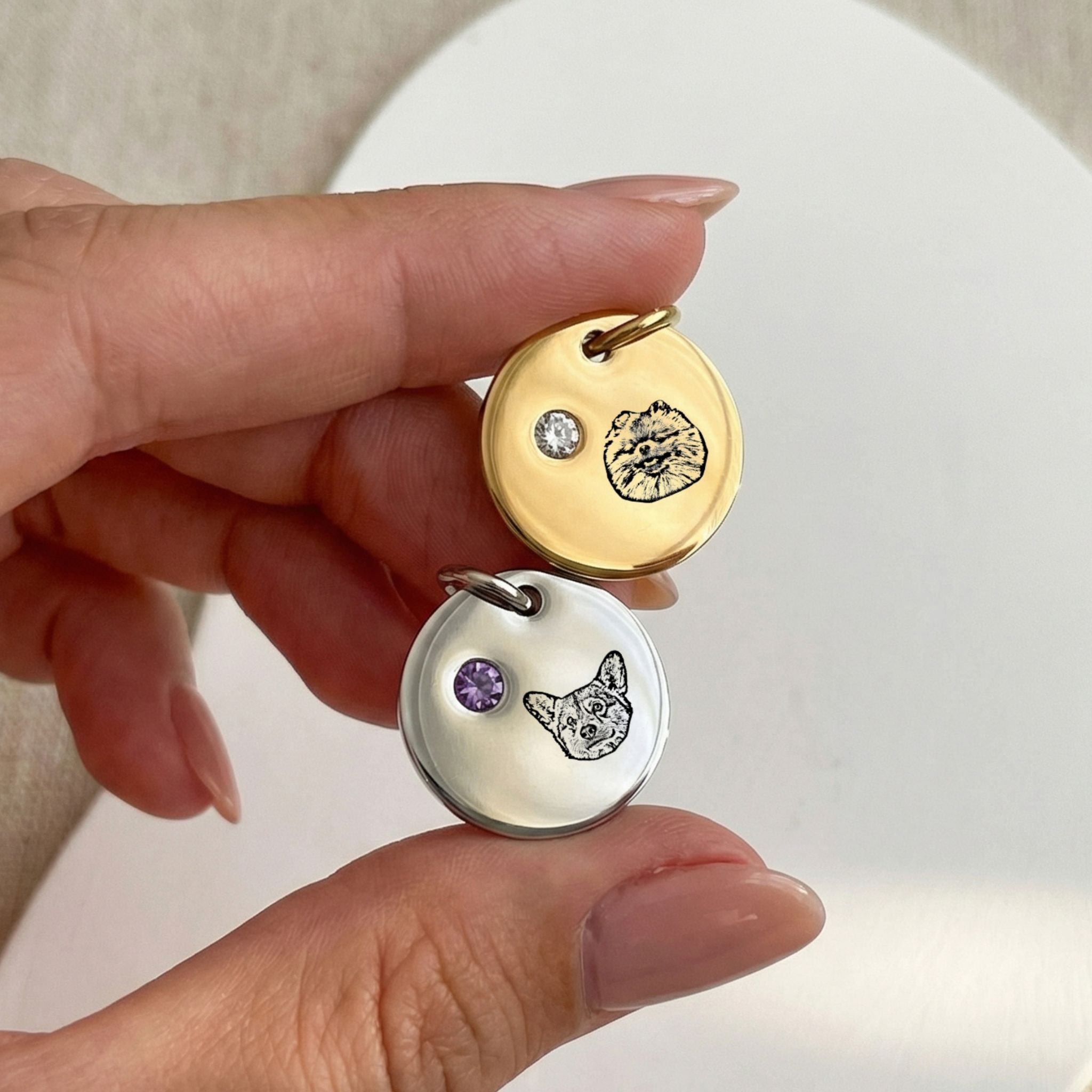 Custom Birthstone Circle Pet Charm Engraved Pendant - Pet Face