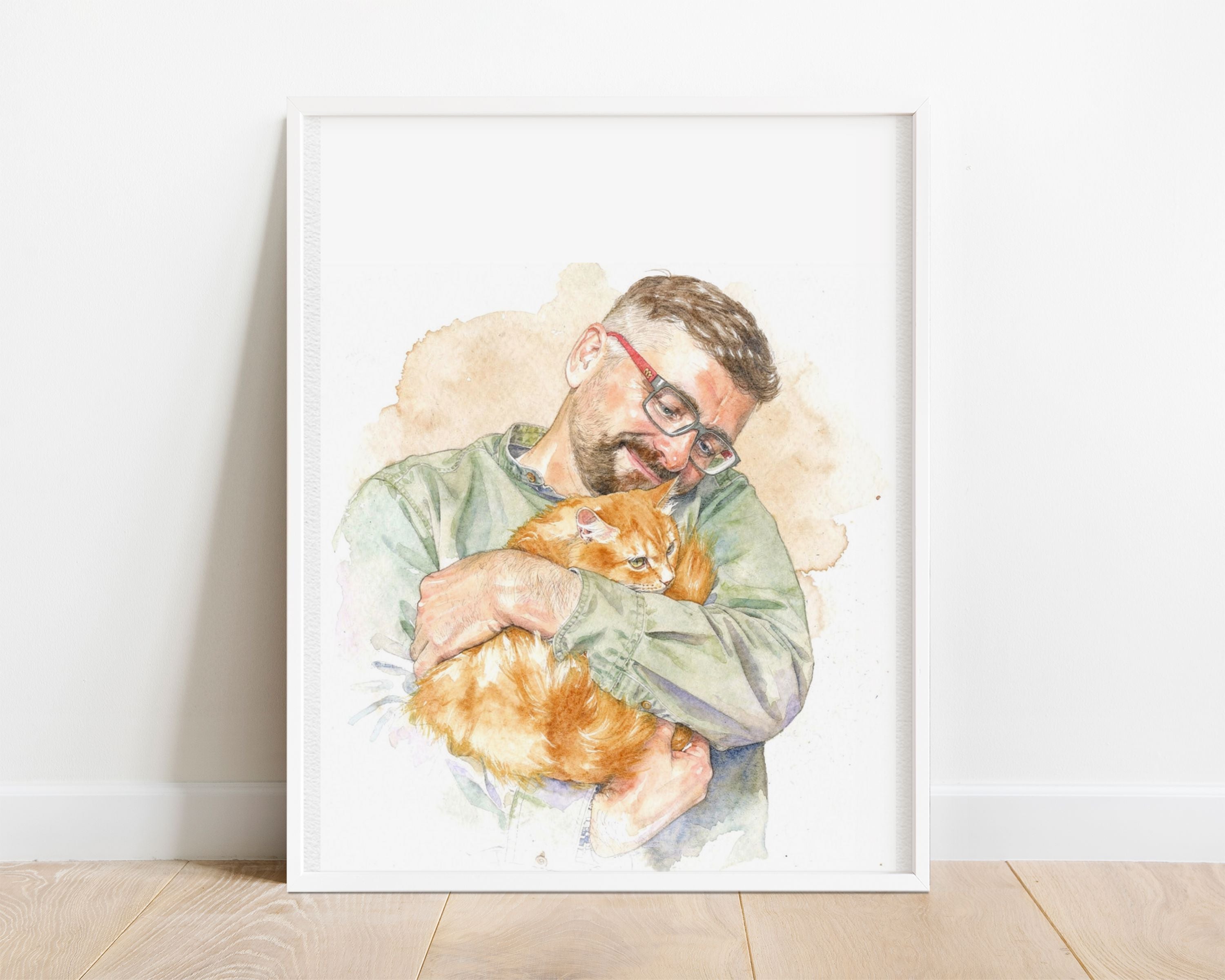 Custom Watercolor Father's Day Pet Portrait - Man + Pet Photo