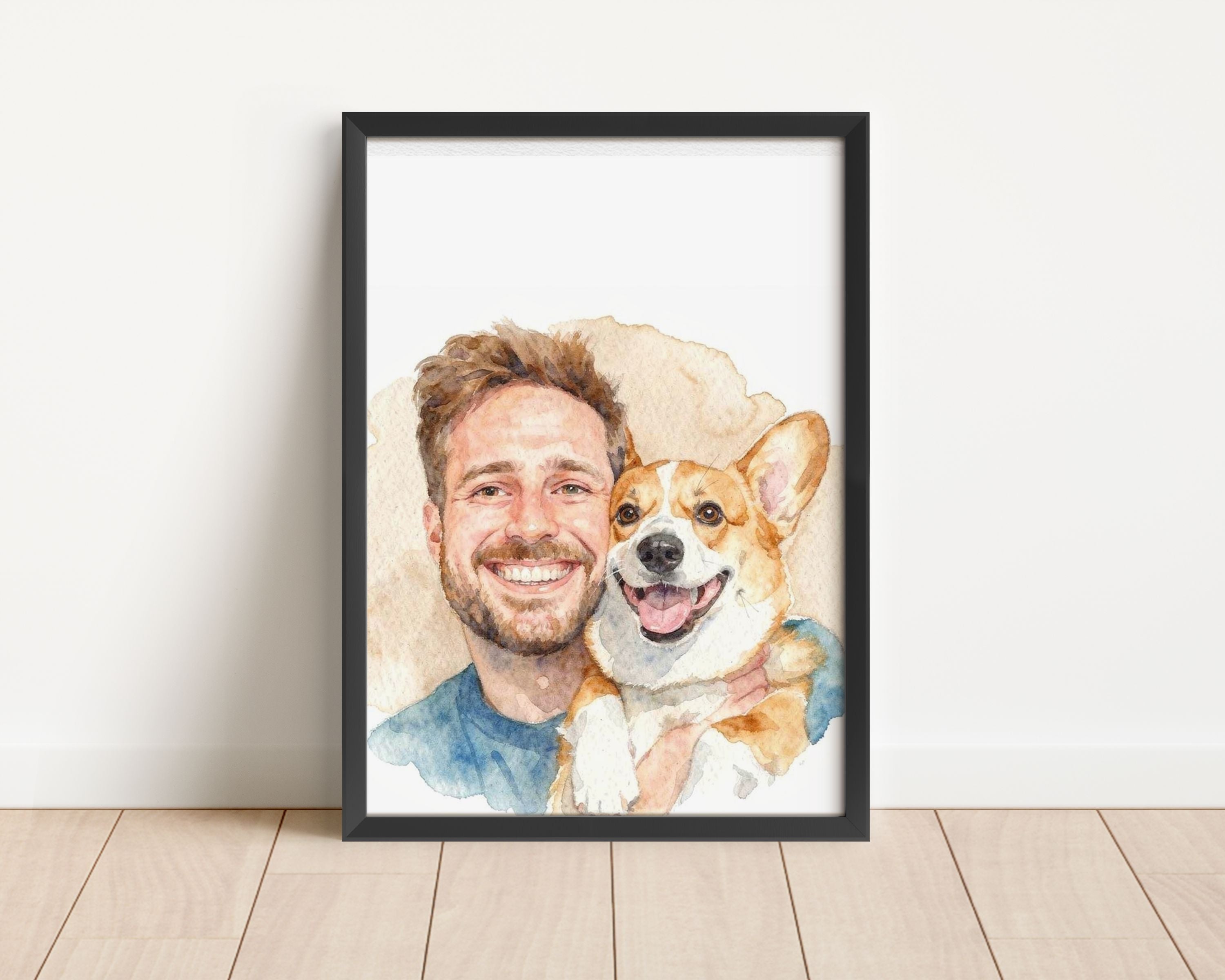 Custom Watercolor Father's Day Pet Portrait - Man + Pet Photo